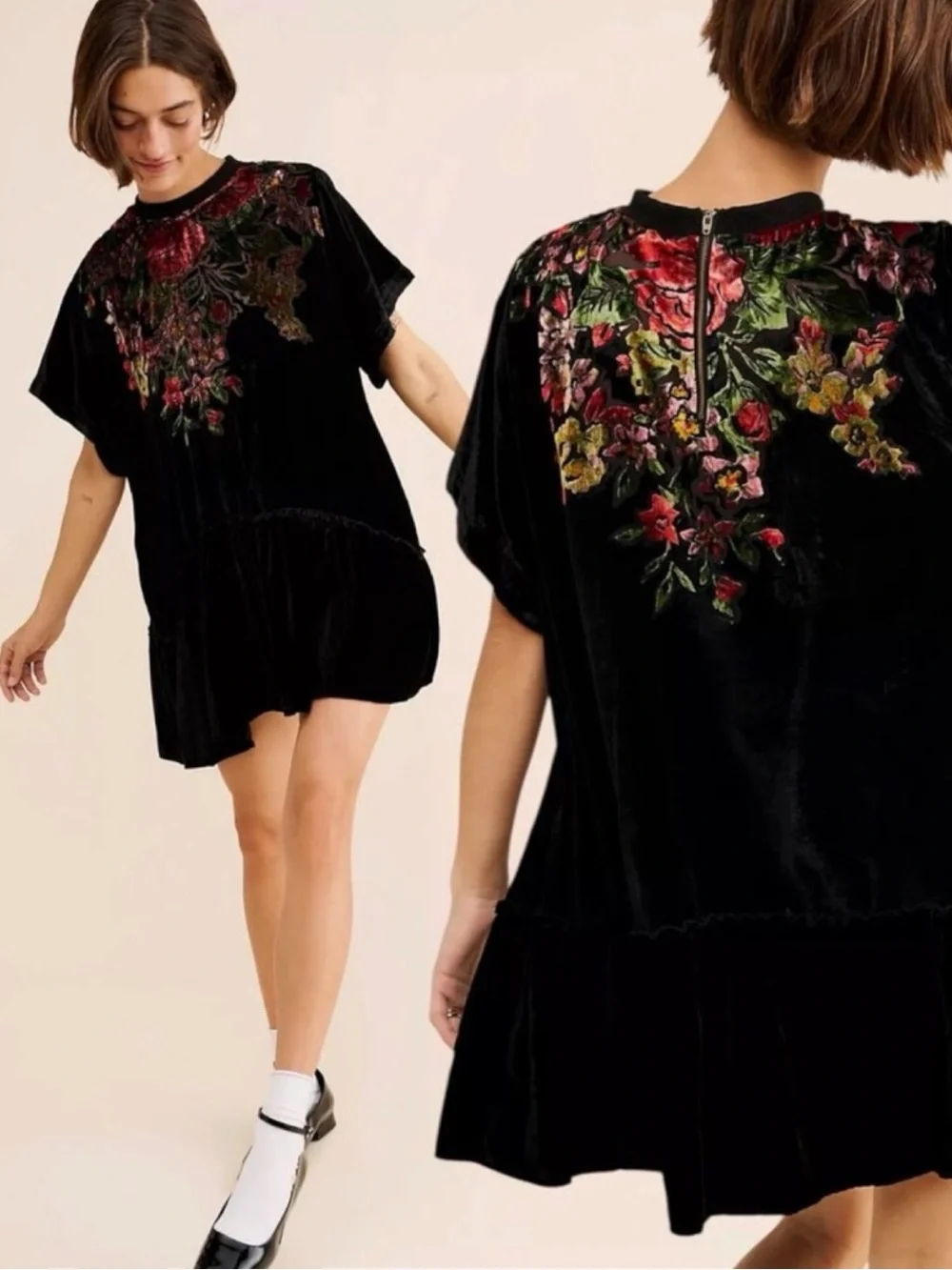 Free People Bohemian Sweet Echoes Black Floral Velvet Devore Tunic Dress Small